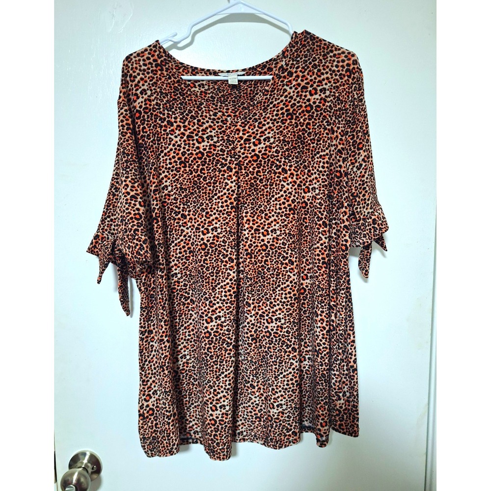 Cato EST 1946 Women 18/20W Leopard Animal Print Blouse Tie Sleeve V-Neck Top